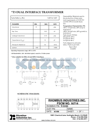 T-15101 datasheet - T3 DUAL INTERFACE TRANSFORMER