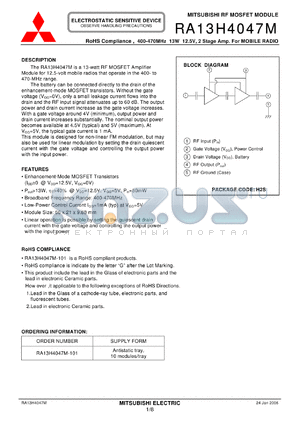 RA13H4047M datasheet - RoHS Compliance , 400-470MHz 13W 12.5V, 2 Stage Amp. For MOBILE RADIO