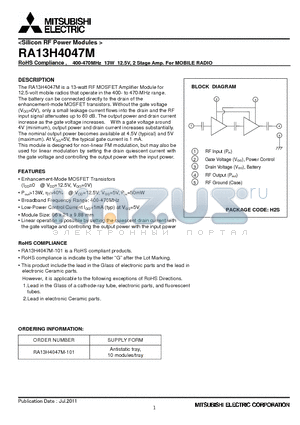 RA13H4047M-101 datasheet - RoHS Compliance , 400-470MHz 13W 12.5V, 2 Stage Amp. For MOBILE RADIO