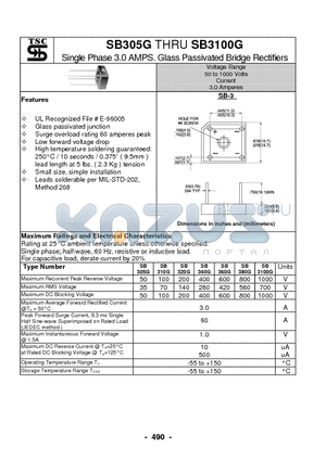 SB305G datasheet - Single Phase 3.0 AMPS. Glass Passivated Bridge Rectifiers