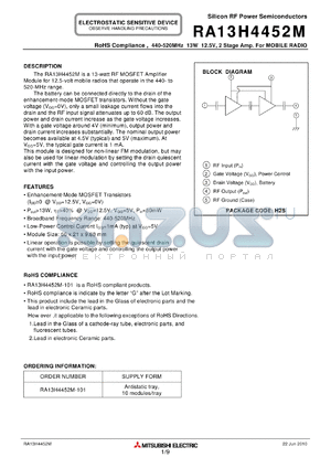 RA13H4452M datasheet - 440-520MHz 13W 12.5V, 2 Stage Amp. For MOBILE RADIO