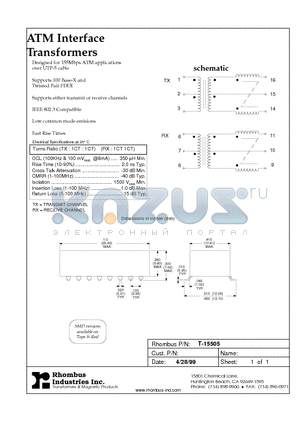 T-15505 datasheet - ATM Interface Transformers