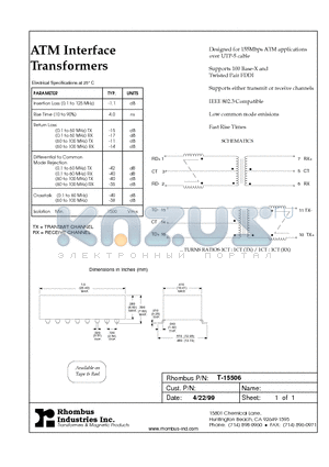T-15506 datasheet - ATM Interface Transformers