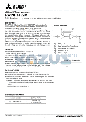 RA13H4452M_11 datasheet - RoHS Compliance , 440-520MHz 13W 12.5V, 2 Stage Amp. For MOBILE RADIO