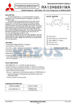 RA13H8891MA datasheet - 889-915MHz 13W 12.5V, 2 Stage Amp. For MOBILE RADIO