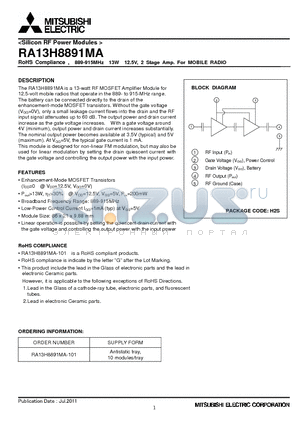 RA13H8891MA-101 datasheet - RoHS Compliance , 889-915MHz 13W 12.5V, 2 Stage Amp. For MOBILE RADIO
