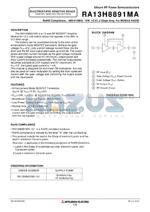 RA13H8891MA_10 datasheet - 889-915MHz 13W 12.5V, 2 Stage Amp. For MOBILE RADIO