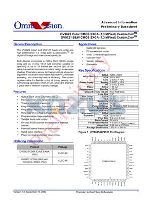 OV09625-C00A datasheet - OV9625 Color CMOS SXGA (1.3 MPixel) CAMERACHIP OV9121 B&W CMOS SXGA (1.3 MPixel) CAMERACHIP