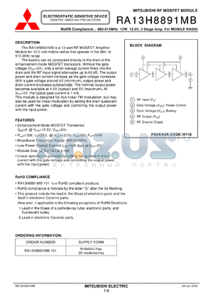 RA13H8891MB datasheet - RoHS Compliance , 880-915MHz 13W 12.5V, 3 Stage Amp. For MOBILE RADIO