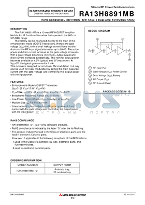 RA13H8891MB_10 datasheet - 880-915MHz 13W 12.5V, 3 Stage Amp. For MOBILE RADIO