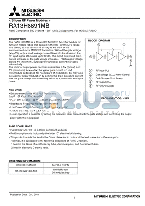 RA13H8891MB_11 datasheet - RoHS Compliance, 880-915MHz 13W 12.5V, 3 Stage Amp. For MOBILE RADIO