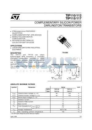 TIP110 datasheet - COMPLEMENTARY SILICON POWER DARLINGTON TRANSISTORS