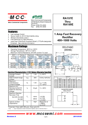 RA157E datasheet - 1 Amp Fast Recovery Rectifier 400~1000 Volts