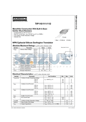 TIP110 datasheet - Monolithic Construction With Built In Base- Emitter Shunt Resistors