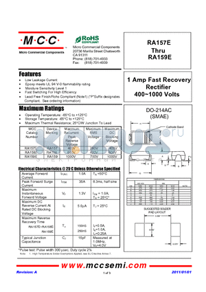 RA158E datasheet - 1 Amp Fast Recovery Rectifier 400~1000 Volts