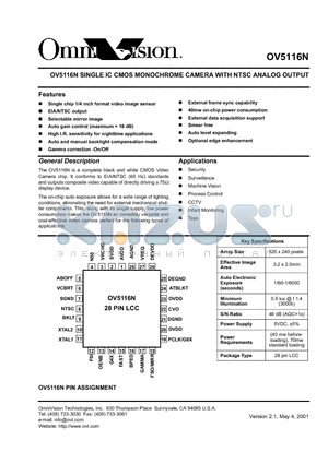 OV5116N datasheet - OV5116N SINGLE IC CMOS MONOCHROME CAMERA WITH NTSC ANALOG OUTPUT