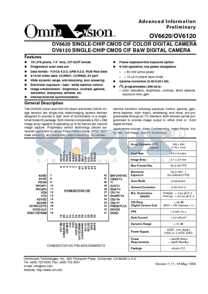 OV6120 datasheet - SINGLE-CHIP CMOS CIF COLOR DIGITAL CAMERA