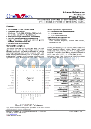 OV6130 datasheet - SINGLE-CHIP CMOS CIF COLOR DIGITAL CAMERA