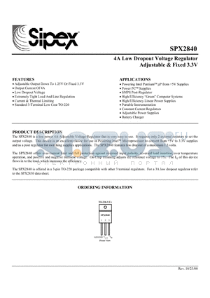 SPX2840 datasheet - 4A Low Dropout Voltage Regulator Adjustable & Fixed 3.3V