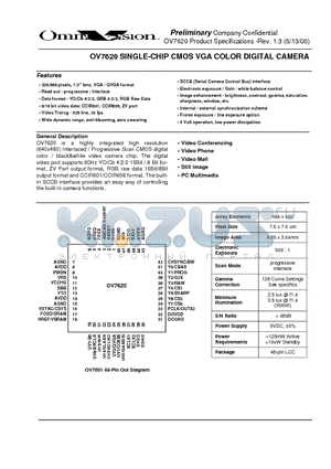 OV7620 datasheet - OV7620 SINGLE-CHIP CMOS VGA COLOR DIGITAL CAMERA