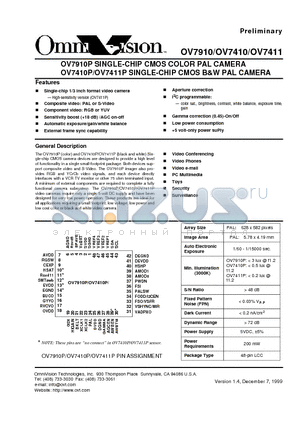 OV7410P datasheet - SINGLE-CHIP CMOS COLOR PAL CAMERA