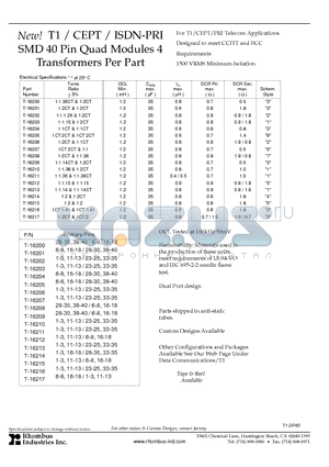 T-16208 datasheet - T1 / CEPT / ISDN-PRI SMD 40 Pin Quad Modules 4 Transformers Per Part