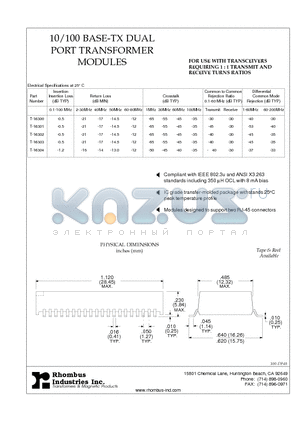 T-16300 datasheet - 10/100 BASE-TX DUAL PORT TRANSFORMER MODULES