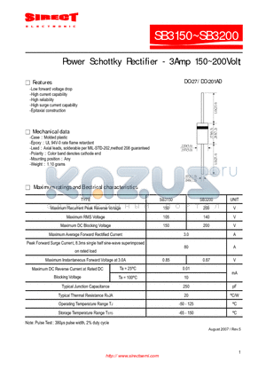 SB3150 datasheet - Power Schottky Rectifier - 3Amp 150~200Volt