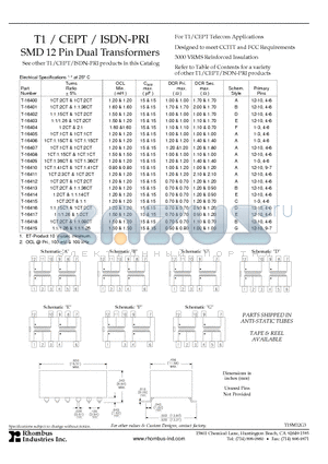 T-16404 datasheet - T1 / CEPT / ISDN-PRI SMD 12 Pin Dual Transformers