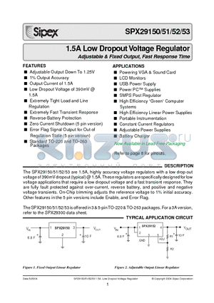 SPX29150T-3.3 datasheet - 1.5A High Current Low Dropout Voltage Regulator Adjustable & Fixed Output, Fast Response