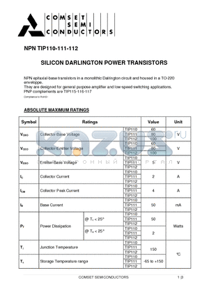 TIP112 datasheet - SILICON DARLINGTON POWER TRANSISTORS