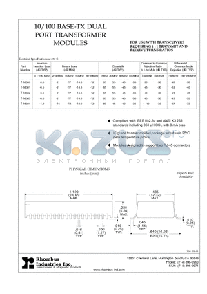 T-16301 datasheet - 10/100 BASE-TX DUAL PORT TRANSFORMER MODULES