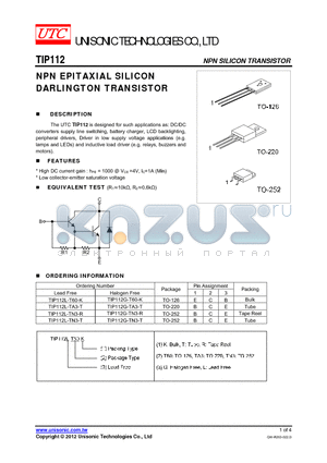 TIP112G-TA3-T datasheet - NPN EPITAXIAL SILICON DARLINGTON TRANSISTOR