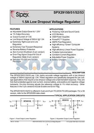 SPX29150T-5-0/TR datasheet - 1.5A Low Dropout Voltage Regulator