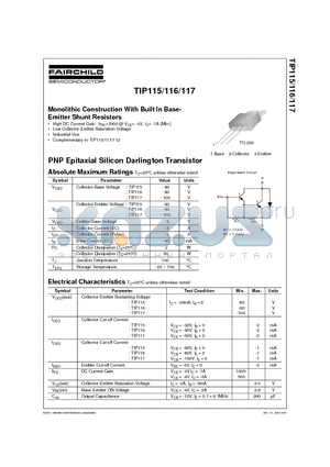 TIP115 datasheet - Monolithic Construction With Built In Base- Emitter Shunt Resistors