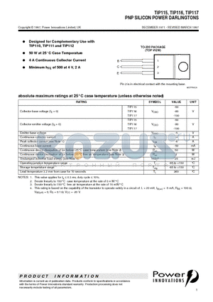 TIP116 datasheet - PNP SILICON POWER DARLINGTONS
