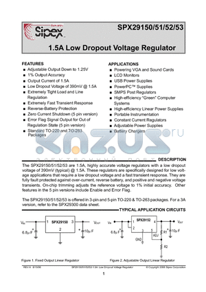 SPX29152T5/TR datasheet - 1.5A Low Dropout Voltage Regulator