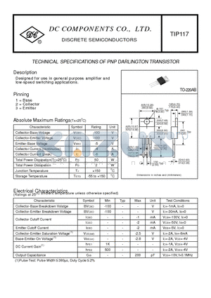 TIP117 datasheet - TECHNICAL SPECIFICATIONS OF PNP DARLINGTON TRANSISTOR