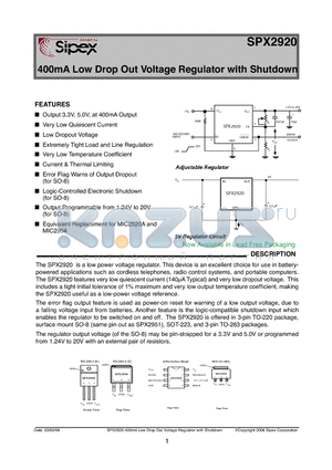 SPX2920M3-3-3 datasheet - 400mA Low Drop Out Voltage Regulator with Shutdown