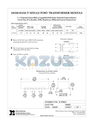 T-17011 datasheet - 10/100 BASE-T SINGLE PORT TRANSFORMER MODULE