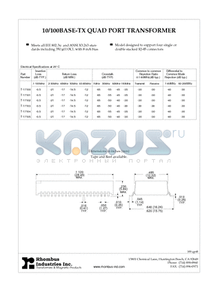 T-17102 datasheet - 10/100BASE-TX QUAD PORT TRANSFORMER