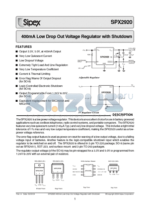 SPX2920S datasheet - 400mA Low Drop Out Voltage Regulator with Shutdown