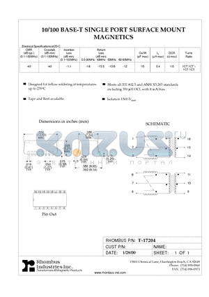 T-17204 datasheet - 10/100 BASE-T SINGLE PORT SURFACE MOUNT MAGNETICS