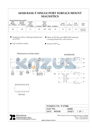 T-17206 datasheet - 10/100 BASE-T SINGLE PORT SURFACE MOUNT MAGNETICS