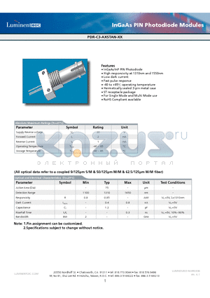 PDR-C3-ASSTAN-GR datasheet - InGaAs PIN Photodiode Modules