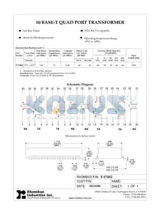 T-17402 datasheet - 10 BASE-T QUAD PORT TRANSFORMER