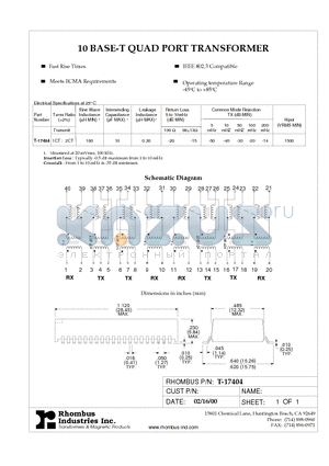 T-17404 datasheet - 10 BASE-T QUAD PORT TRANSFORMER