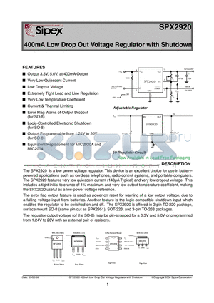 SPX2920U-5-0 datasheet - 400mA Low Drop Out Voltage Regulator with Shutdown