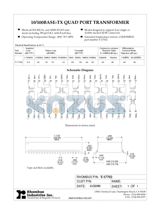 T-17702 datasheet - 10/100BASE-TX QUAD PORT TRANSFORMER