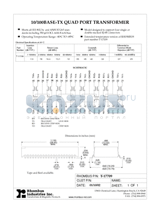 T-17709 datasheet - 10/100BASE-TX QUAD PORT TRANSFORMER